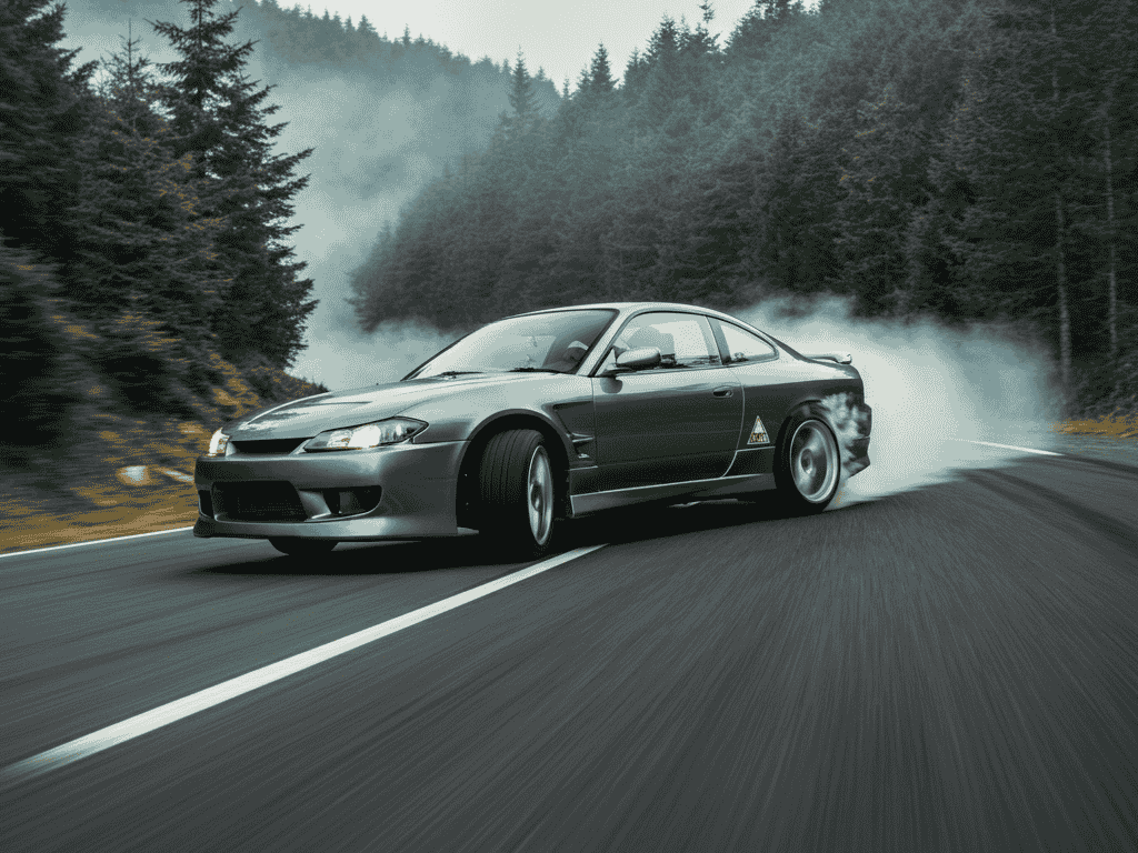 “Nissan Silvia S13 drifting on a mountain pass with tire smoke”