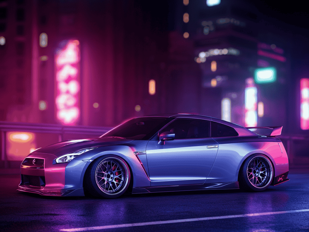 JDM wheels on a sports car in an urban setting with street lights in the background.