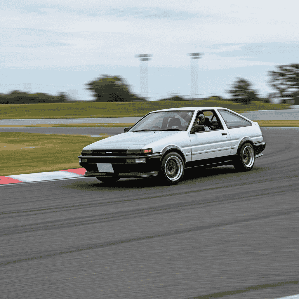 Stock-looking Toyota AE86 Japanese race car cornering hard at a grassroots track day event.