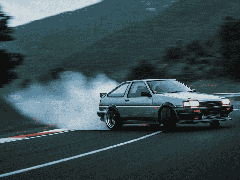 “Toyota AE86 drifting on mountain road, iconic Old Japanese Car”