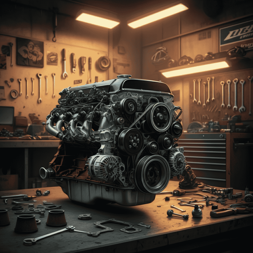 Mechanic tuning a Nissan RB26 engine with aftermarket parts, illustrating Japanese race car maintenance and upgrades.