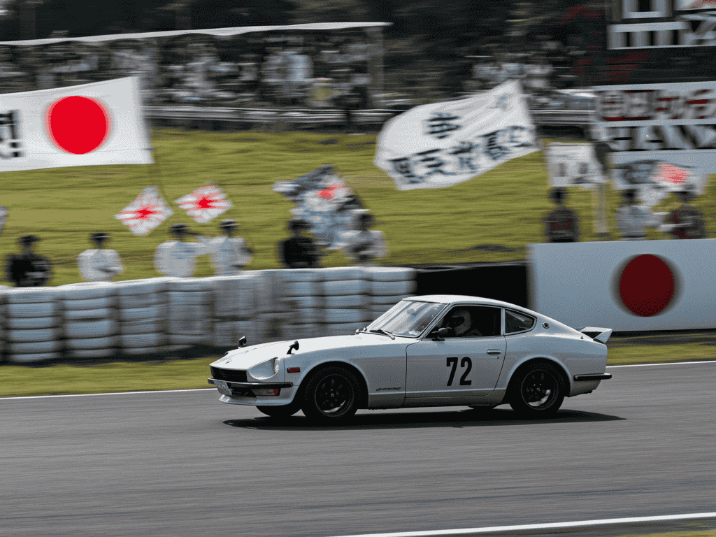Vintage Datsun 240Z Japanese race car competing on a 1970s racetrack during Japan’s motorsport revival.