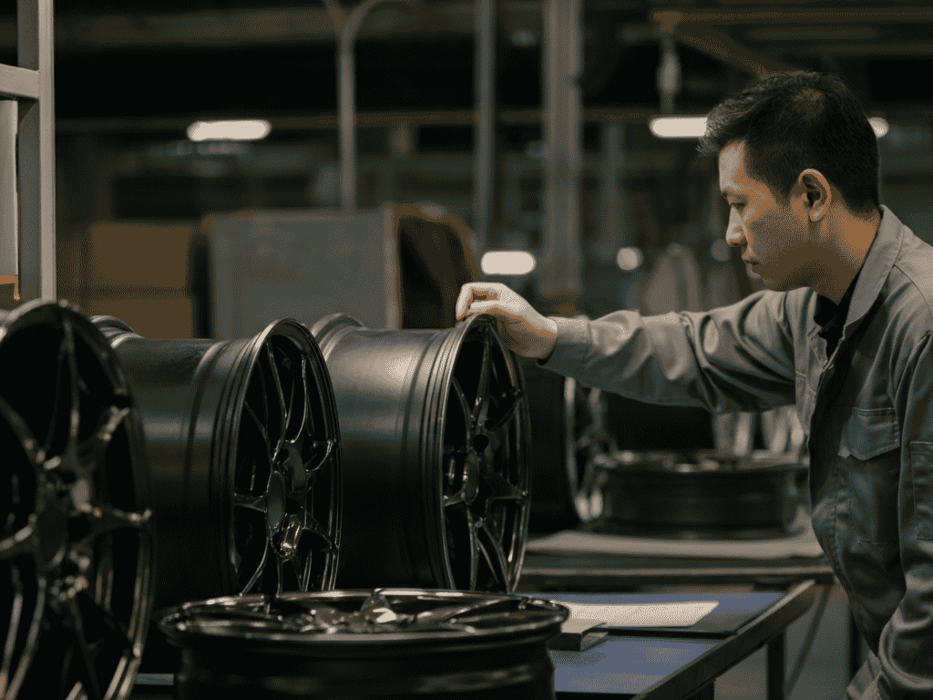 “Inspection of JDM wheels for quality control in a factory setting.”